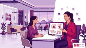 رسم توضيحي حديث يظهر استشارة طبية متقدمة حول عمليات تجميل الرقبة في تركيا داخل عيادة فاخرة 