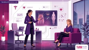 رسم توضيحي فني يظهر طبيباً يشرح تفاصيل تكلفة نحت الجسم بالفيزر لمريض في عيادة حديثة 