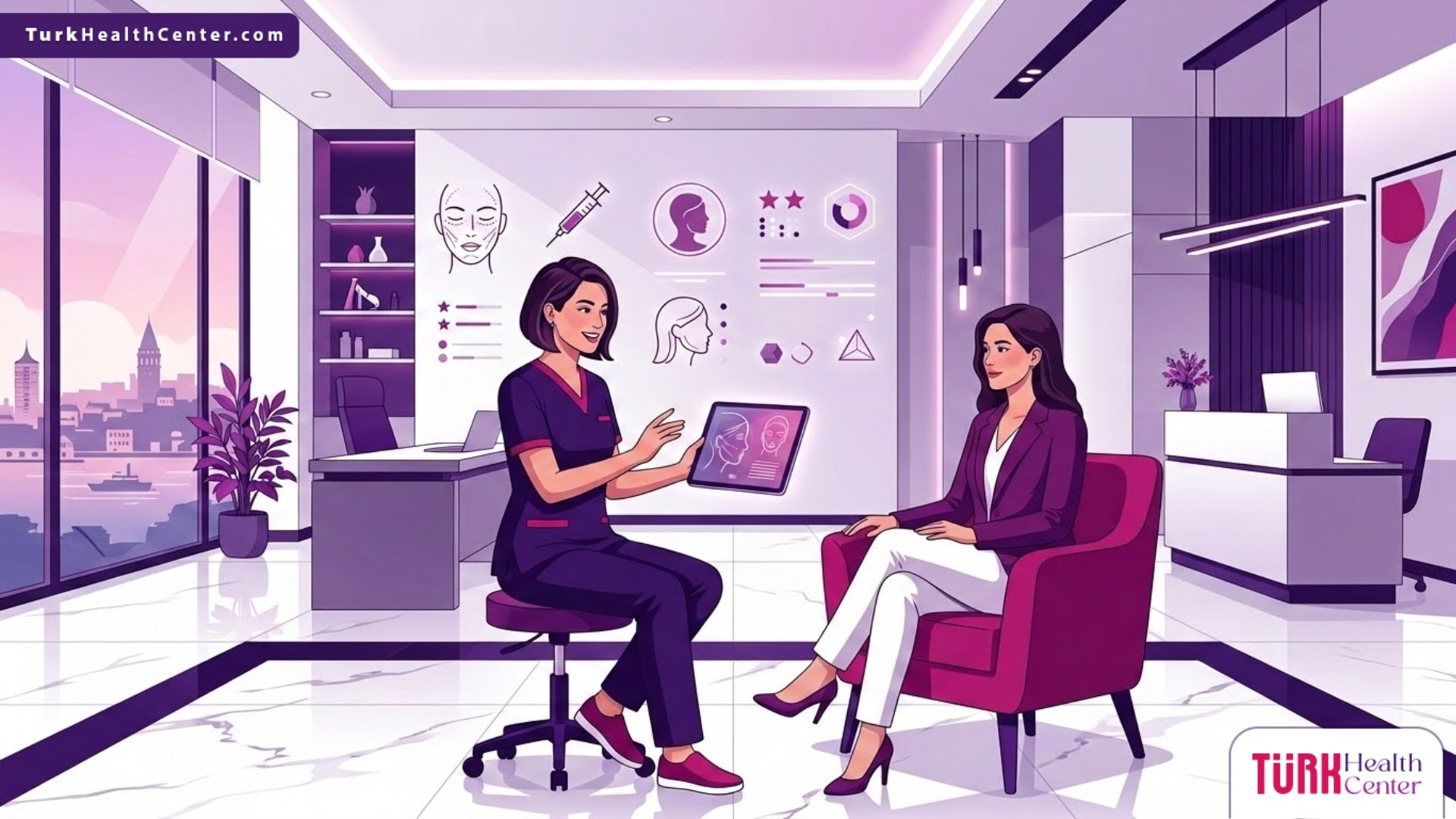 رسم توضيحي متقدم لطبيب يشرح تفاصيل عمليات تجميل الوجه في تركيا لمريض داخل عيادة طبية فاخرة
