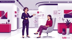 طبيب يشرح للمريض كيفية تجنب مخاطر تكبير الأرداف في تركيا داخل عيادة طبية حديثة