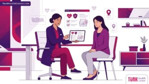 طبيب يشرح للمريضة كيفية تجنب مخاطر رفع المؤخرة BBL في تركيا داخل عيادة طبية فاخرة 