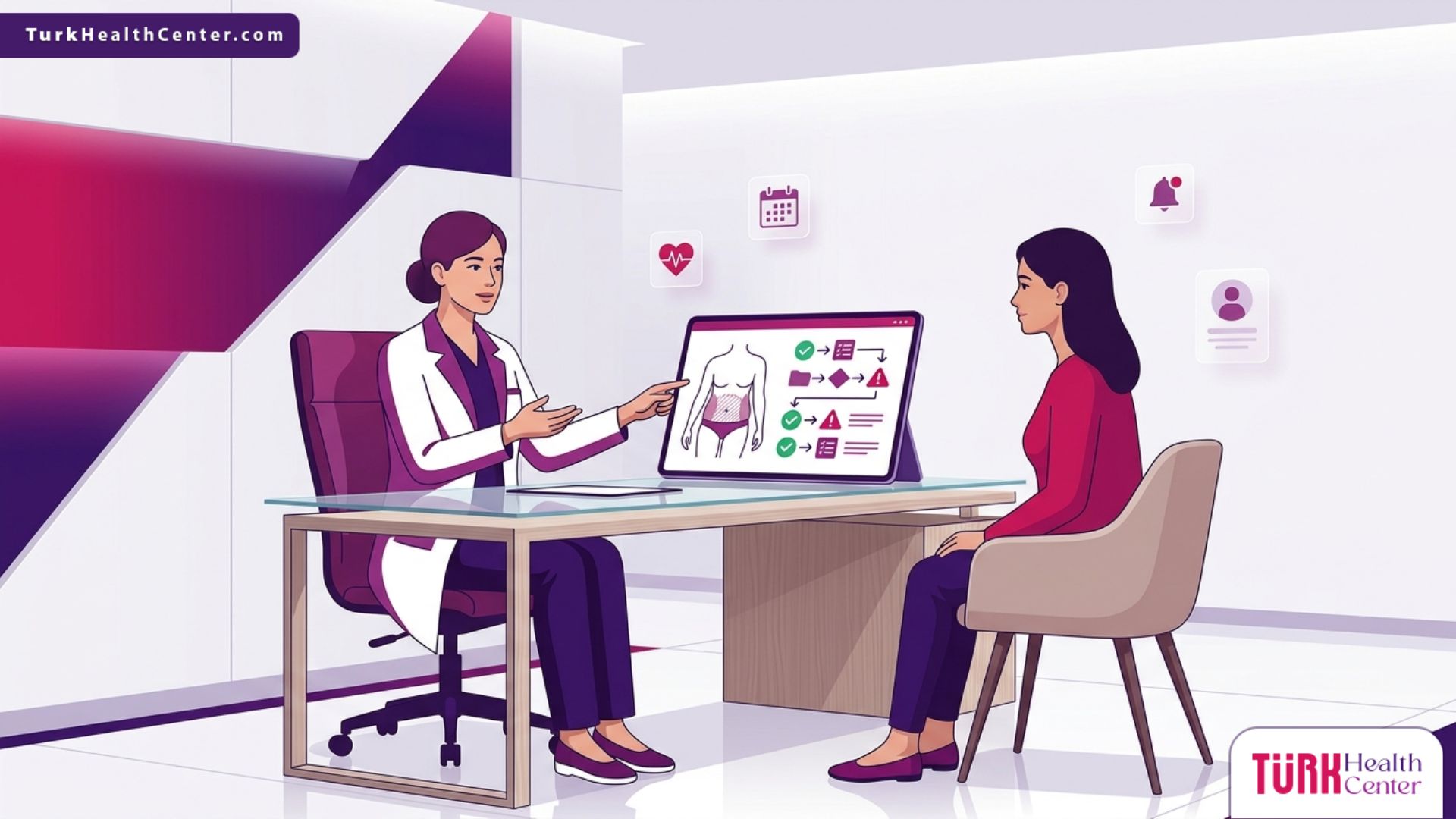 رسم توضيحي طبي متطور لطبيب يشرح للمريض كيفية تفادي مخاطر شد البطن في تركيا داخل عيادة حديثة