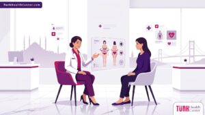 رسم توضيحي فني فاخر لطبيب يشرح مخاطر نحت الجسم 360 في تركيا للمريض بوضوح وشفافية 