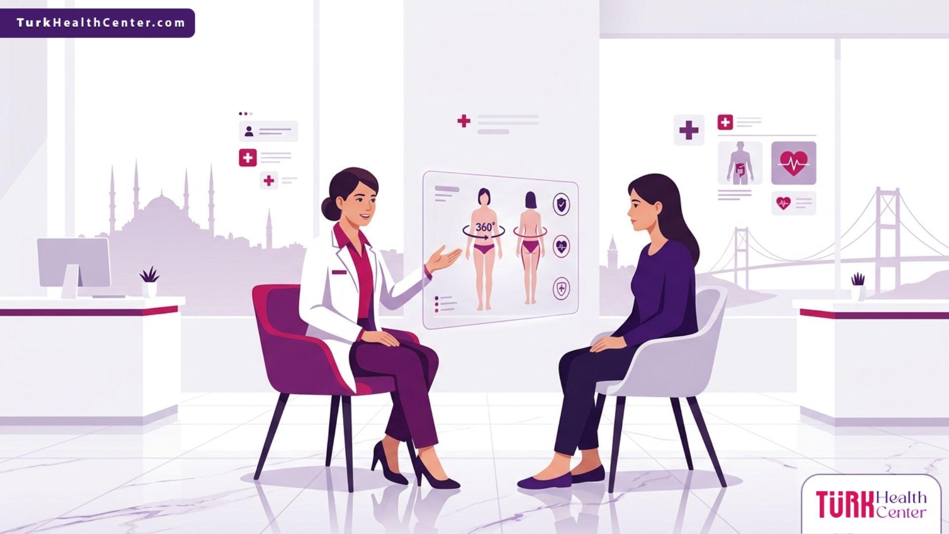 رسم توضيحي فني فاخر لطبيب يشرح مخاطر نحت الجسم 360 في تركيا للمريض بوضوح وشفافية 