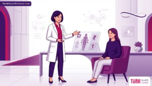 رسم توضيحي يظهر طبيب يشرح ميزات تكبير الأرداف في تركيا لمريضة داخل عيادة تجميل حديثة 