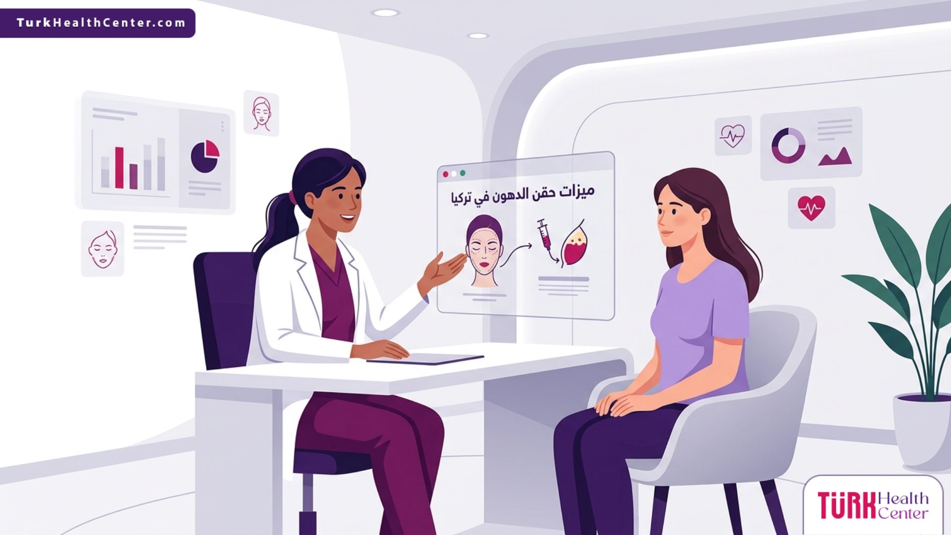 رسم توضيحي فني يظهر طبيباً يشرح ميزات حقن الدهون في تركيا للمريض داخل عيادة تجميل حديثة