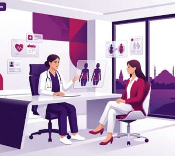 رسم توضيحي لعيادة طبية فاخرة يشرح فيها الطبيب ميزات رفع المؤخرة BBL في تركيا للمريضة