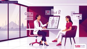 توضيحي للطبيب وهو يشرح تفاصيل إجراء نحت الجسم 360 في تركيا للمريض داخل عيادة طبية حديثة 