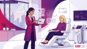 رسم توضيحي لطبيب يشرح تقنيات نحت الجسم في تركيا للمريض في عيادة فاخرة