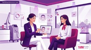 رسم توضيحي يظهر طبيب يشرح عملية نحت الوجه في تركيا لمريضة داخل عيادة فاخرة بألوان البنفسجي والمجنتيا 