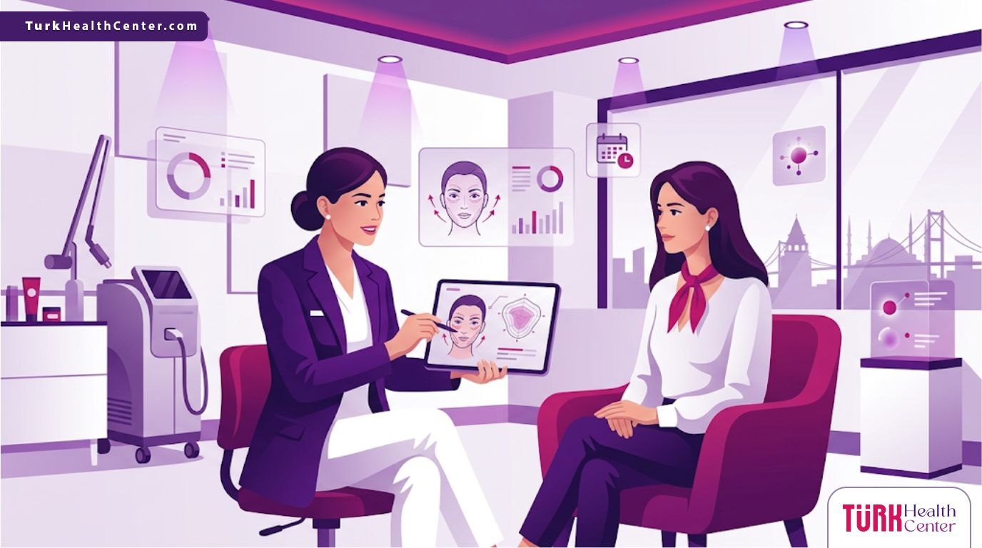 رسم توضيحي يظهر طبيب يشرح عملية نحت الوجه في تركيا لمريضة داخل عيادة فاخرة بألوان البنفسجي والمجنتيا 
