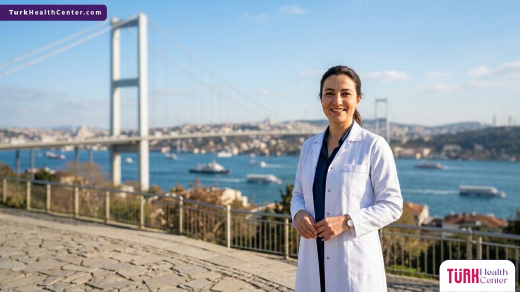 طبيب أمراض جلدية وخبير تجميل يقف بثقة أمام جسر البوسفور، يمثل الوجهة الرائدة لإجراء التقشير الكيميائي في تركيا.