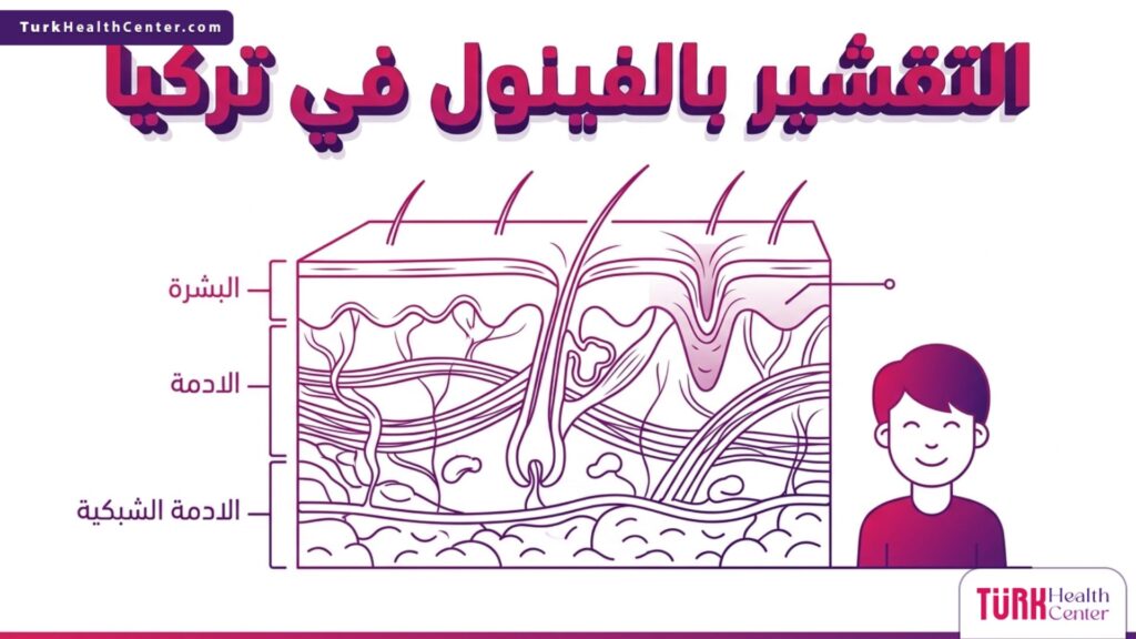 رسم تشريحي دقيق لطبقات الجلد يوضح آلية عمل التقشير بالفينول في تركيا للوصول إلى الأدمة الشبكية.