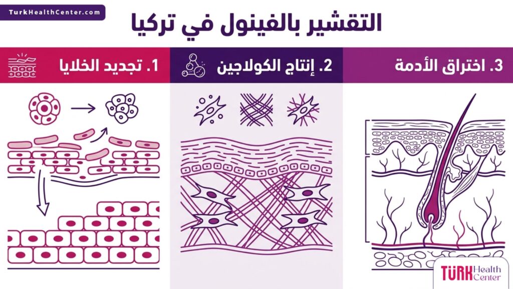 إنفوجرافيك طبي يوضح مراحل ومميزات التقشير بالفينول في تركيا.