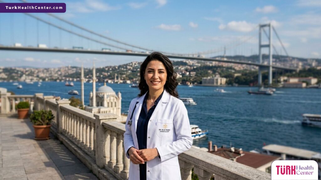 طبيب تجميل متخصص يقف بثقة أمام جسر البوسفور، كرمز للتميز في تقديم التقشير بالفينول في تركيا.