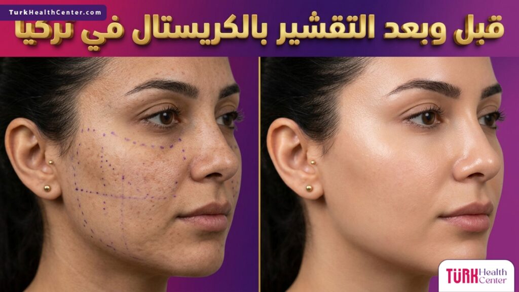 مقارنة قبل وبعد التقشير بالكريستال في تركيا تظهر تحسن نضارة البشرة واختفاء التصبغات.