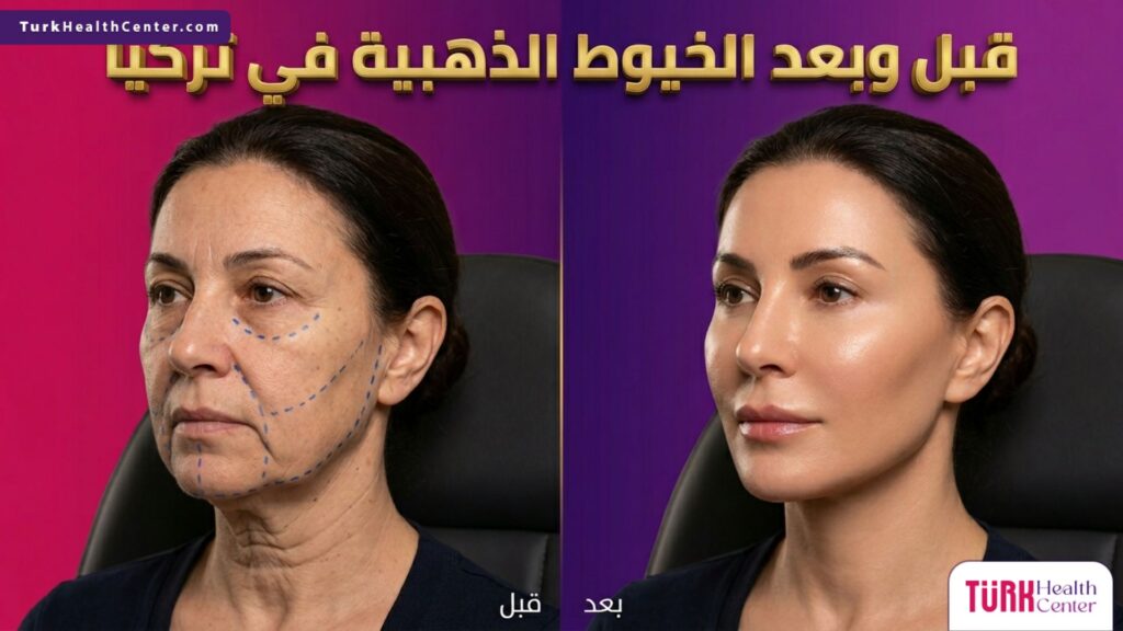 مقارنة قبل وبعد شد الوجه وإظهار نتائج الخيوط الذهبية في تركيا مع خطوط طبية توضيحية.