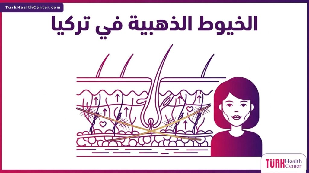 إنفوجرافيك طبي يوضح الطبقات التشريحية للجلد وكيفية عمل الخيوط الذهبية في تركيا لشد البشرة وتحفيز الكولاجين.