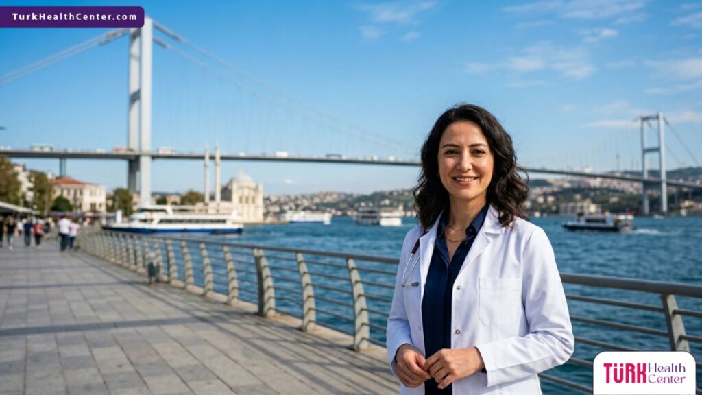 طبيب تجميل متخصص يقف بثقة أمام جسر البوسفور، ليمثل الاحترافية في إجراء الخيوط الذهبية في تركيا.