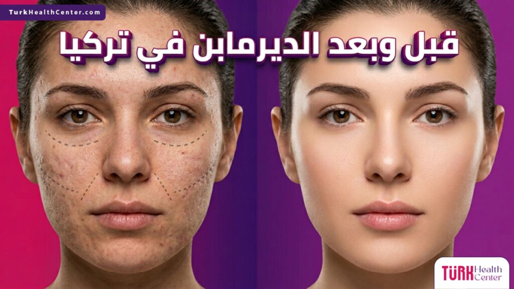 مقارنة قبل وبعد توضح نتائج علاج الديرمابن في تركيا للتخلص من الندبات وتجديد البشرة.