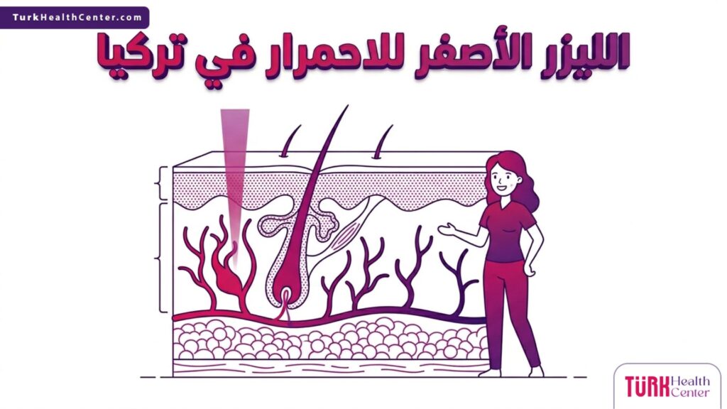 إنفوجرافيك طبي تشريحي يوضح آلية عمل وتقنية الليزر الأصفر للاحمرار في تركيا داخل طبقات الجلد.