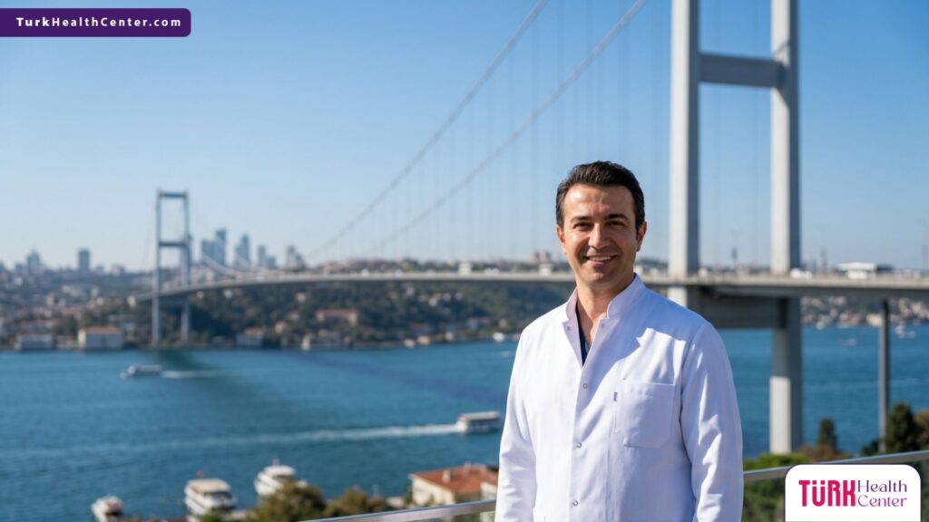 طبيب جلدية وتجميل متخصص يقف بثقة أمام جسر البوسفور، ليمثل وجهة العلاج الموثوقة عند البحث عن الليزر الأصفر للاحمرار في تركيا.