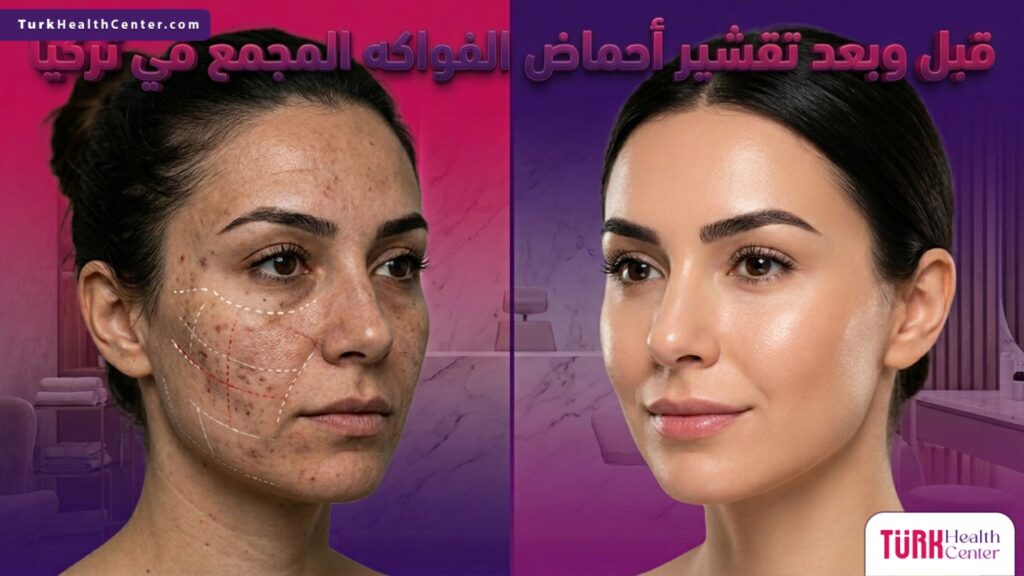 مقارنة قبل وبعد نتائج تقشير أحماض الفواكه المجمع في تركيا لتوضيح نضارة البشرة.