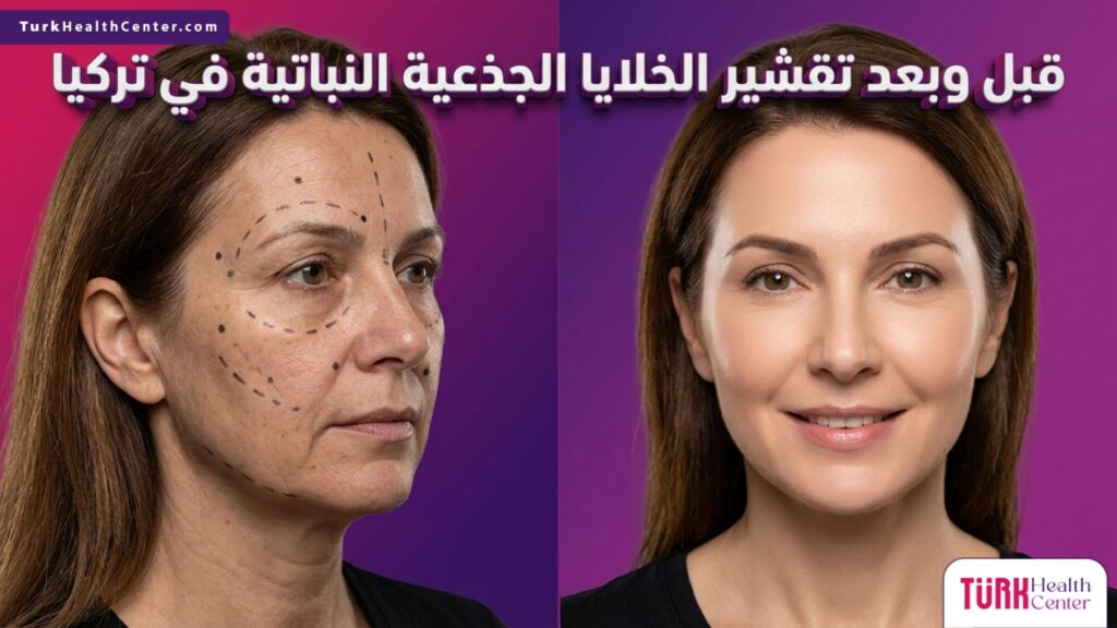 مقارنة قبل وبعد توضح نتائج تقشير الخلايا الجذعية النباتية في تركيا في تجديد البشرة والتخلص من التجاعيد.