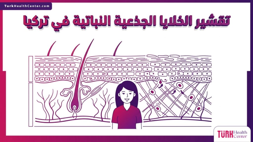 إنفوجرافيك تشريحي يوضح آلية عمل تقشير الخلايا الجذعية النباتية في تركيا داخل طبقات الجلد وتأثيرها على الكولاجين.