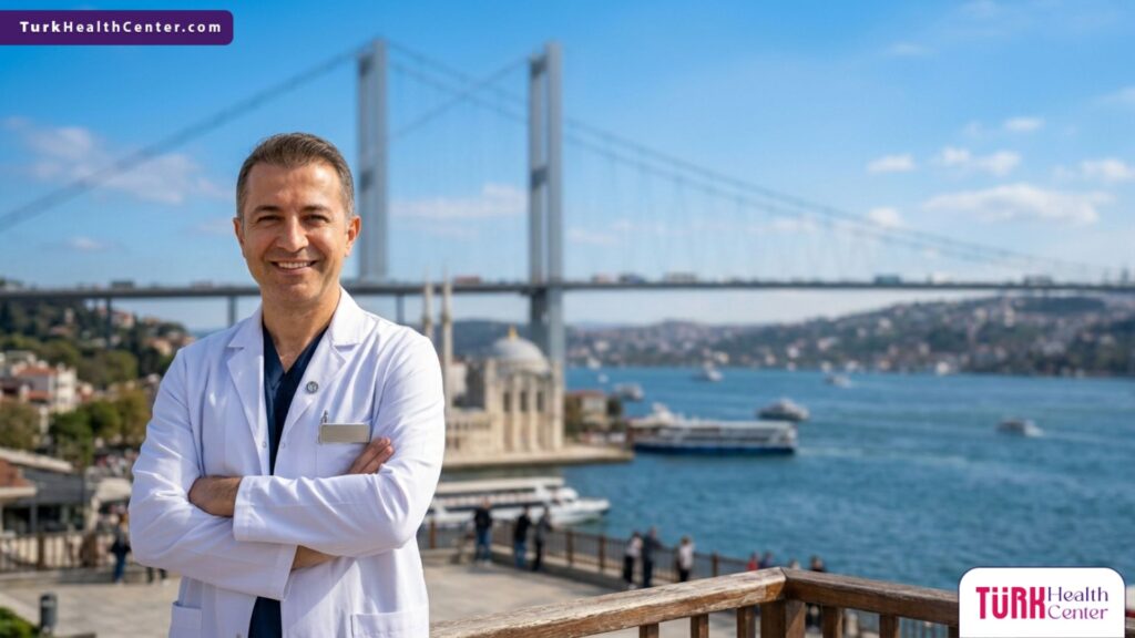 طبيب تجميل متخصص يقف بثقة أمام جسر البوسفور، لتمثيل ريادة تقشير الخلايا الجذعية النباتية في تركيا.