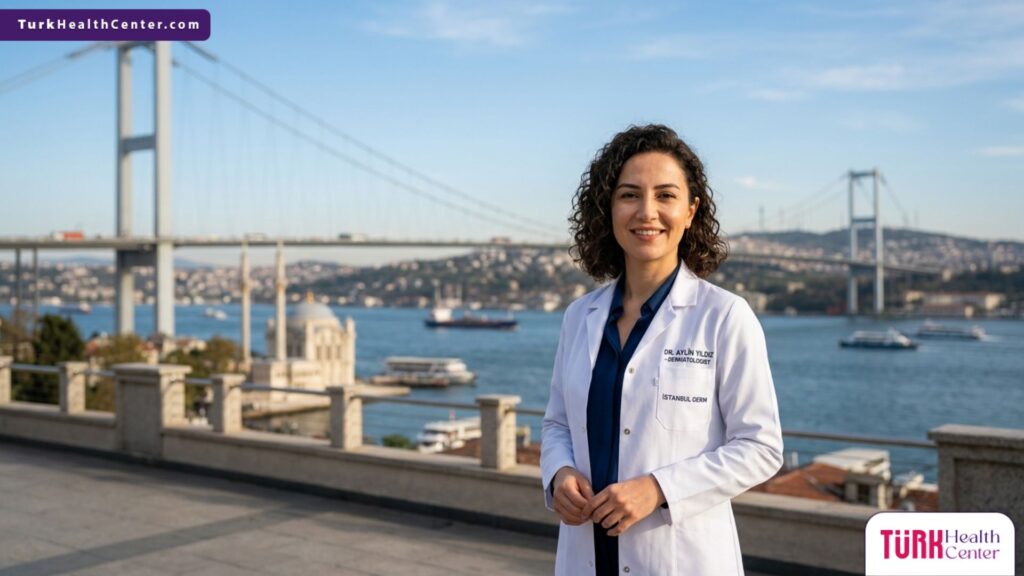 طبيب تجميل متخصص في تقشير الفي كيو الشامل في تركيا يقف أمام جسر البوسفور في اسطنبول