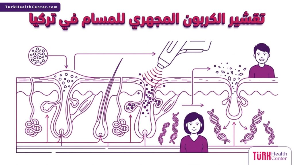 رسم بياني تشريحي دقيق يوضح آلية عمل تقشير الكربون المجهري للمسام في تركيا وتأثيره على طبقات الجلد.