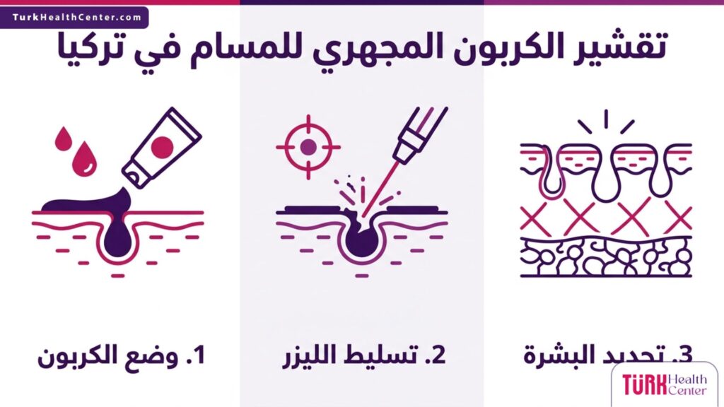 إنفوجرافيك طبي يوضح الخطوات الثلاث الأساسية لإجراء تقشير الكربون المجهري للمسام في تركيا.