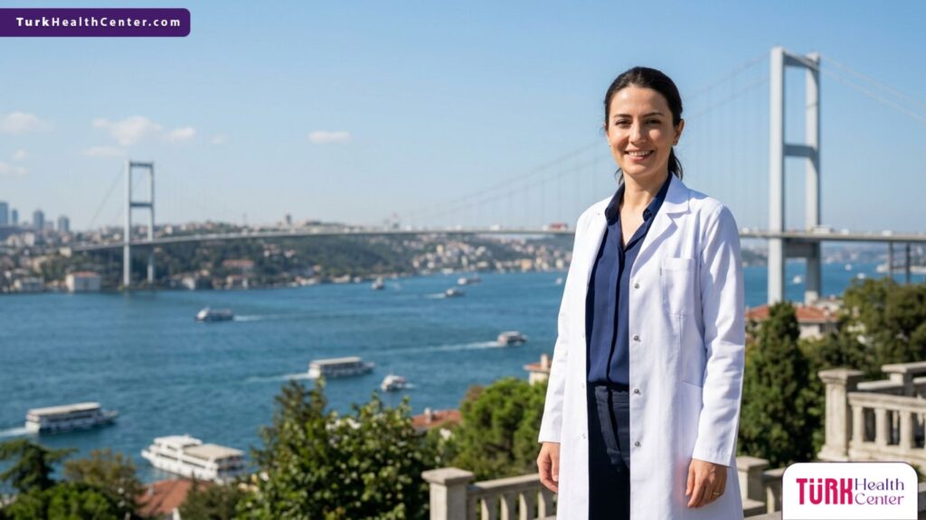 طبيب جلدية متخصص يقف أمام جسر البوسفور في اسطنبول لتقديم خدمات تقشير الكربون المجهري للمسام في تركيا.