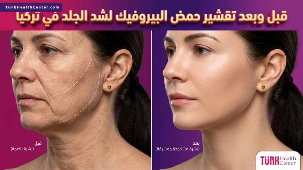 صورة مقسمة توضح حالة البشرة قبل وبعد تقشير حمض البيروفيك لشد الجلد في تركيا مع إظهار علامات التحديد الطبية