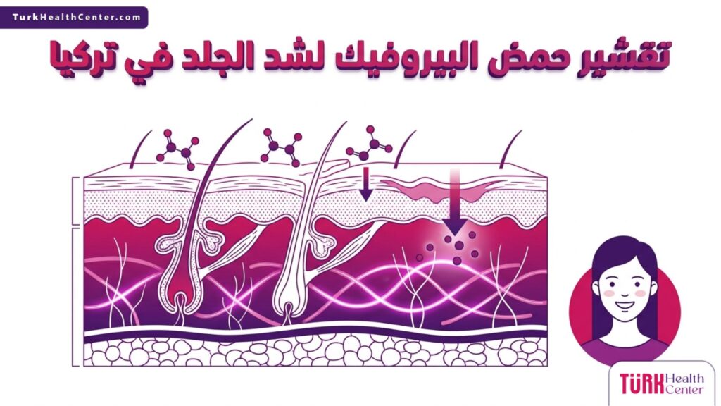 إنفوجرافيك طبي يوضح الطبقات التشريحية للبشرة وتأثير تقشير حمض البيروفيك لشد الجلد في تركيا