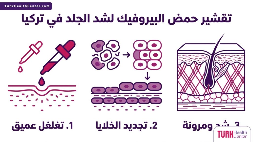رسم توضيحي مقسم لثلاث مراحل يشرح آلية وفوائد تقشير حمض البيروفيك لشد الجلد في تركيا