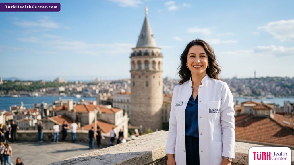 طبيبة جلدية متخصصة في تقشير حمض الجليكوليك للنضارة في تركيا تقف أمام برج غالاتا التاريخي في إسطنبول.