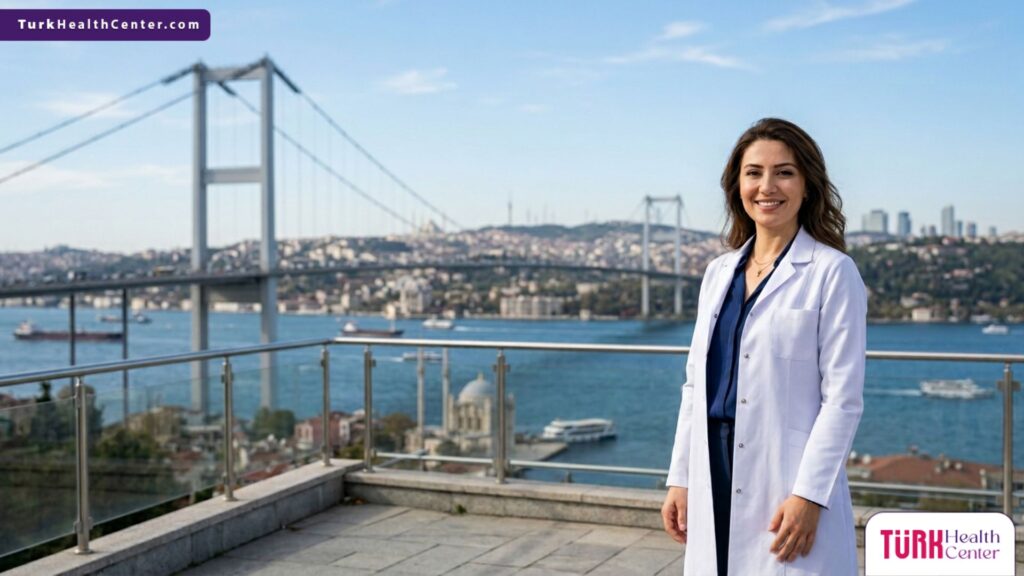 طبيب أمراض جلدية متخصص في تقشير حمض الفيتي للتفتيح اللطيف في تركيا يقف أمام جسر البوسفور في اسطنبول