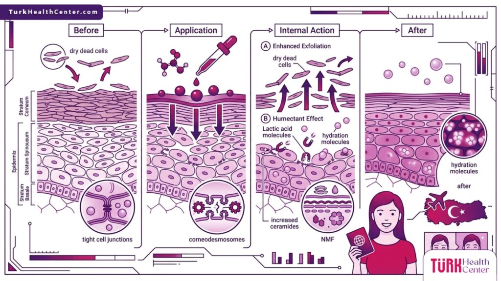 رسم بياني علمي يوضح آلية عمل تقشير حمض اللاكتيك لترطيب البشرة في تركيا داخل طبقات الجلد