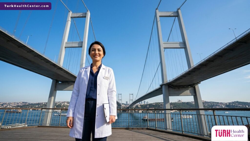 طبيب جلدية متخصص أمام جسر البوسفور يقدم استشارات حول تقشير حمض اللاكتيك لترطيب البشرة في تركيا