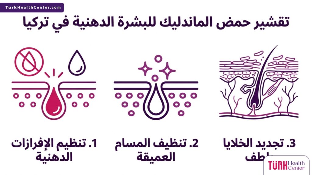 إنفوجرافيك طبي يسلط الضوء على الفوائد الرئيسية لإجراء تقشير حمض الماندليك للبشرة الدهنية في تركيا.