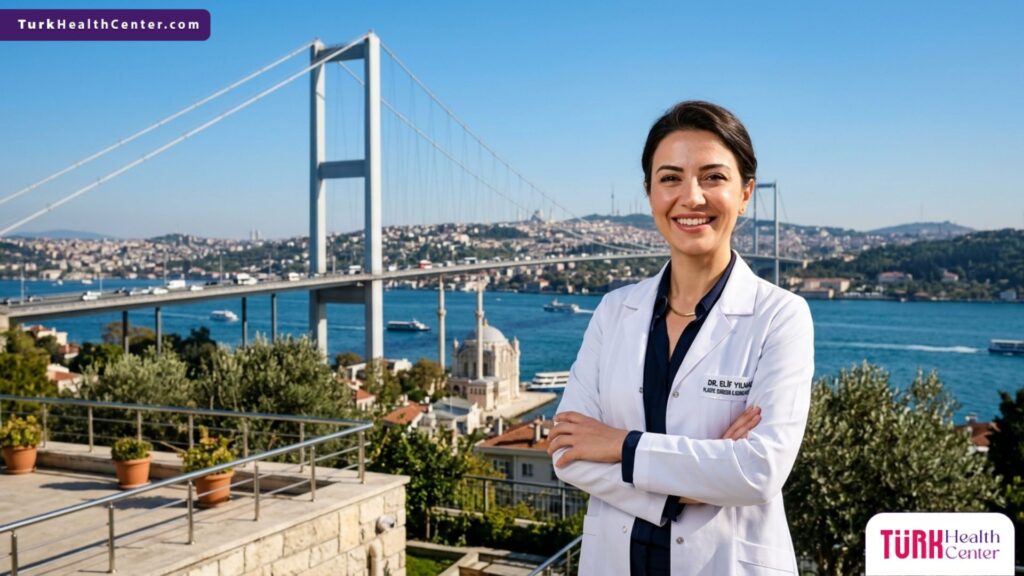 طبيب أمراض جلدية محترف أمام جسر البوسفور، يقدم استشارات حول تقشير حمض الماندليك للبشرة الدهنية في تركيا.