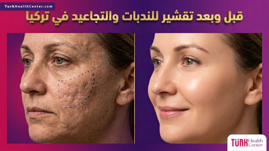 صورة واقعية مقارنة قبل وبعد إجراء تقشير للندبات والتجاعيد في تركيا، تظهر تحول البشرة من التعرجات إلى النعومة المثالية.