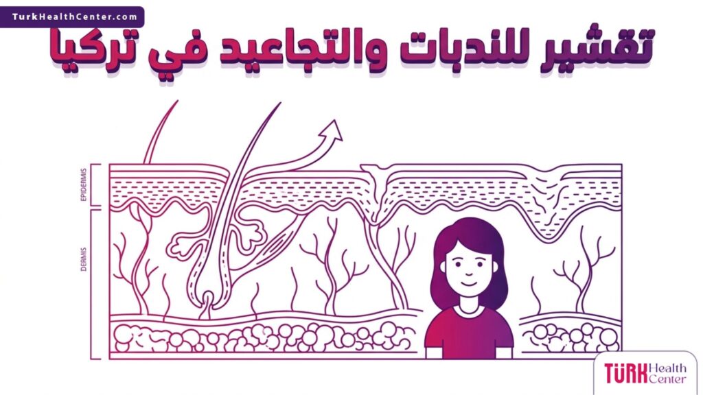 إنفوجرافيك تشريحي دقيق يوضح طبقات الجلد وتأثير عملية تقشير للندبات والتجاعيد في تركيا على تحفيز الكولاجين وتجديد البشرة.