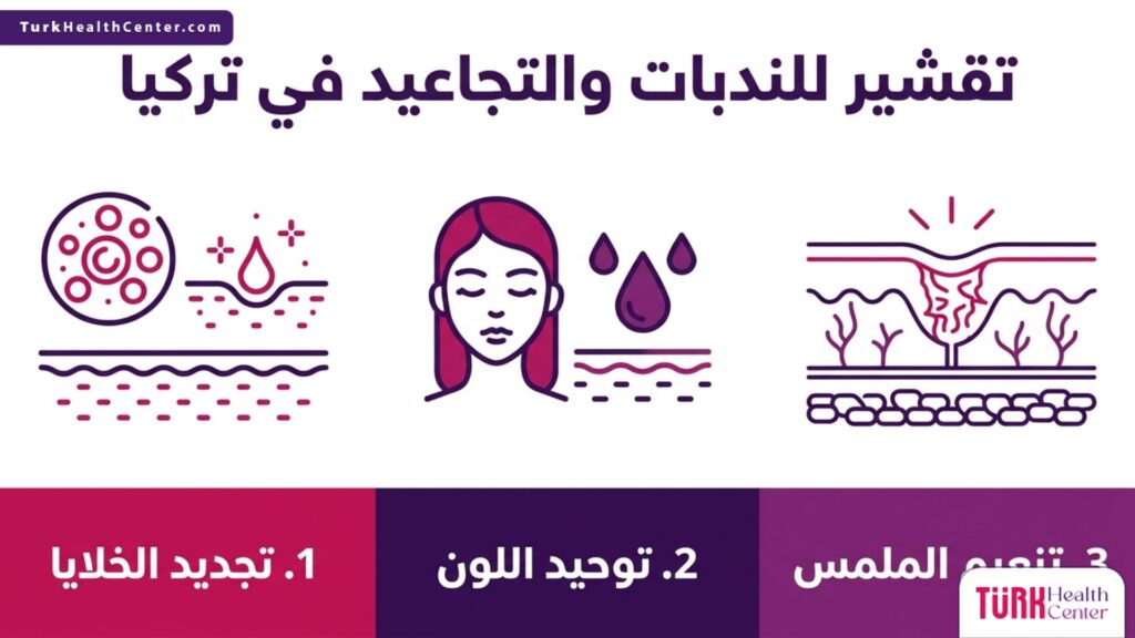 مخطط طبي (إنفوجرافيك) يستعرض الفوائد الثلاثة الرئيسية لعملية تقشير للندبات والتجاعيد في تركيا بأسلوب علمي واضح.