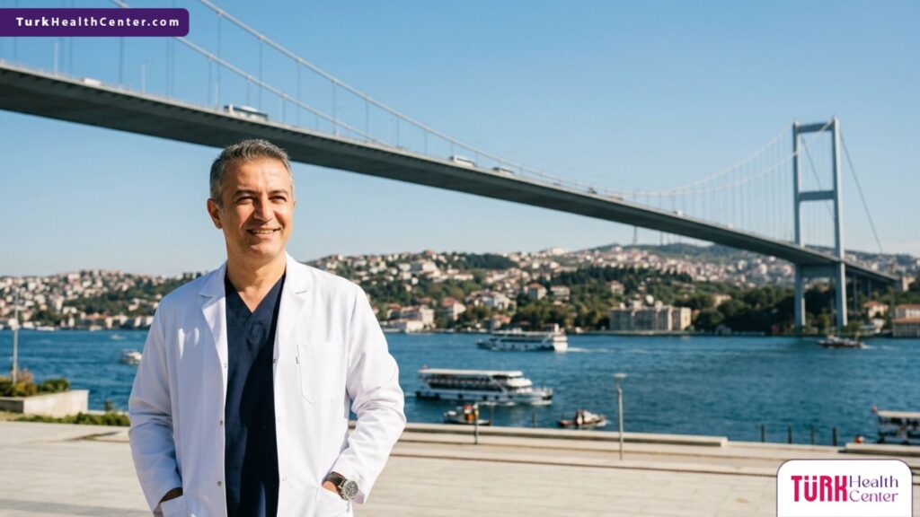 طبيب تجميل متخصص يقف بثقة أمام جسر البوسفور في اسطنبول، كرمز للريادة في تقديم خدمات تقشير للندبات والتجاعيد في تركيا.