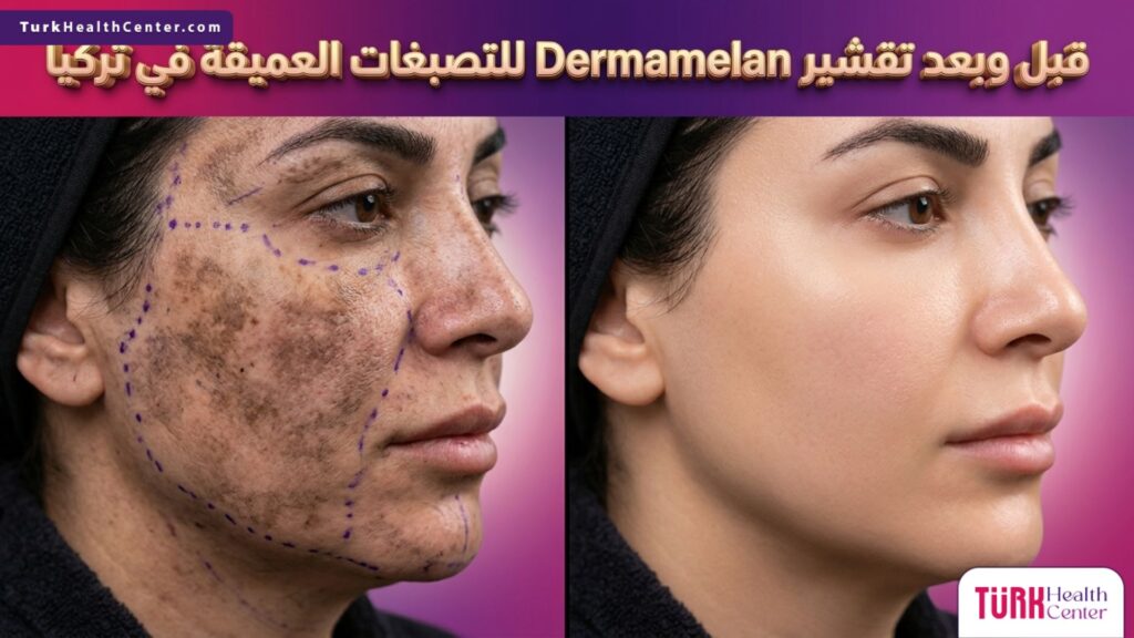 صورة مقسمة تظهر نتائج قبل وبعد تقشير Dermamelan للتصبغات العميقة في تركيا لتوضيح فعالية العلاج.