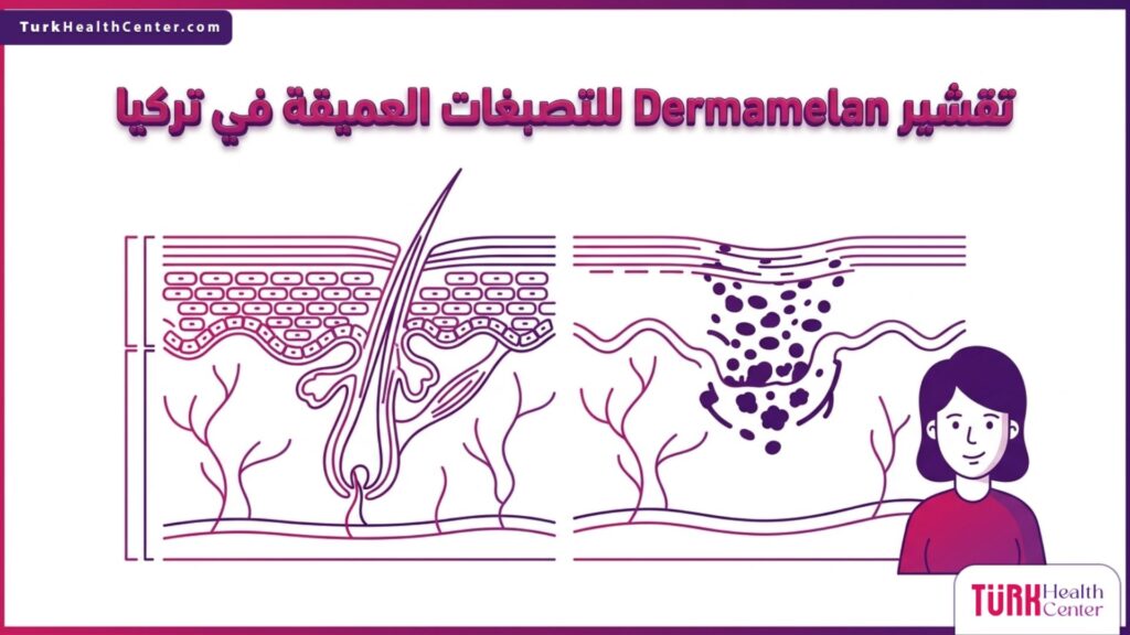 رسم تشريحي دقيق يوضح آلية عمل تقشير Dermamelan للتصبغات العميقة في تركيا على طبقات البشرة.