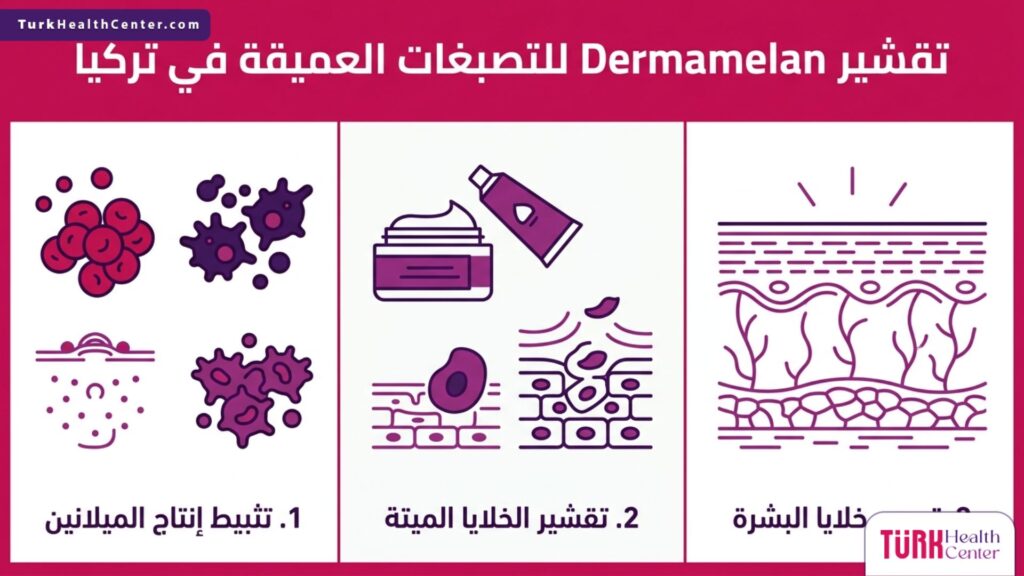 إنفوجرافيك طبي تفصيلي يشرح خطوات وفوائد تقشير Dermamelan للتصبغات العميقة في تركيا.